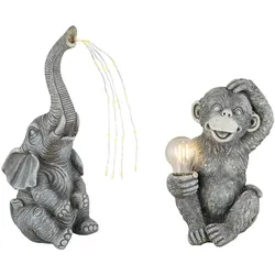 Solarleuchte Affe Kugel Gartendeko Tierfigur Steinoptik Solarlampe Elefant, grau, LED warmweiß, 2er Set