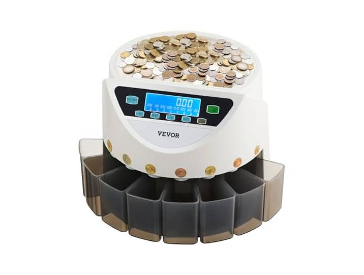VEVOR Compteuse Trieuse de Pièces en Euros\, Machine à Compter les Pièces pour 8 Types de Monnaie en Euros\, Capacité de Stockage 850PCs\, avec Écran LCD\, 5 Tubes et Boîtes à Monnaie\, Transaction