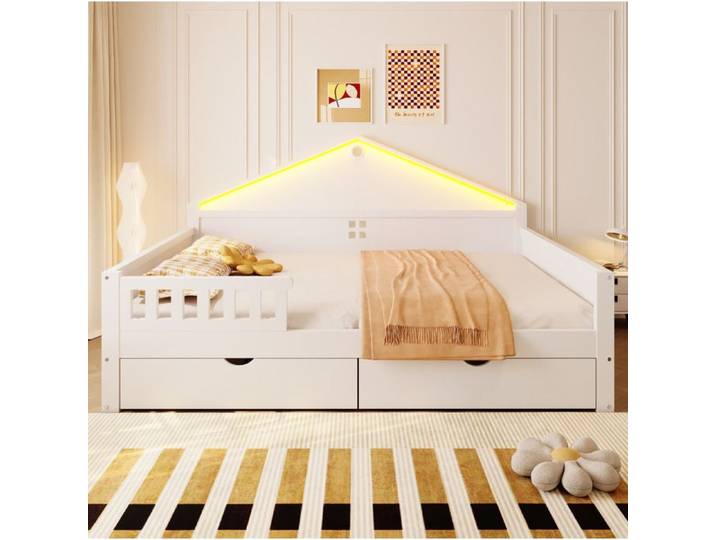 Lit Enfant 140x200 En Bois Blanc Lit Simple Avec LED FloraGrace Pour Chambre D Enfant Avec 2 Tiroirs 205x146x98cm