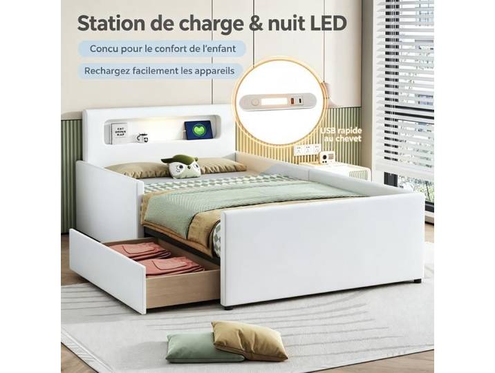 URTR Lit enfant capitonné 90x200 cm veilleuse et USB compartiments côtés surélevés simili cuir Blanc charmant
