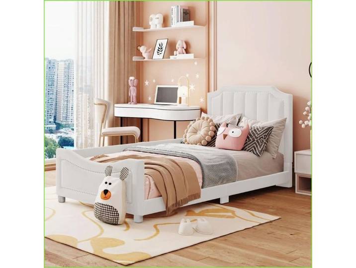 Lit Rembourré Enfant Multifonction – Lit-Sofa Flanelle Béige – Cadre Bois Stable