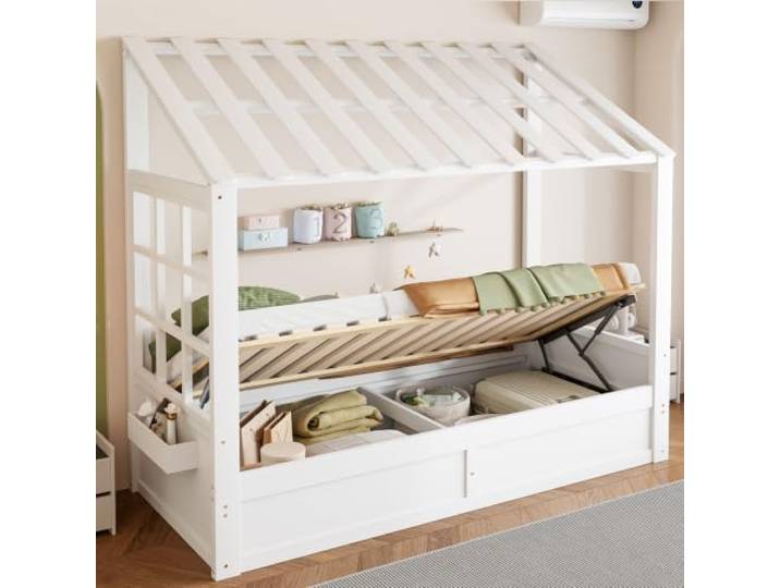 Aunvla Kinderbett im Landhausstil 90 x 200 cm mit Dach, Fenster, hydraulischem Stauraum und seitlichen Staufächern, Weiß