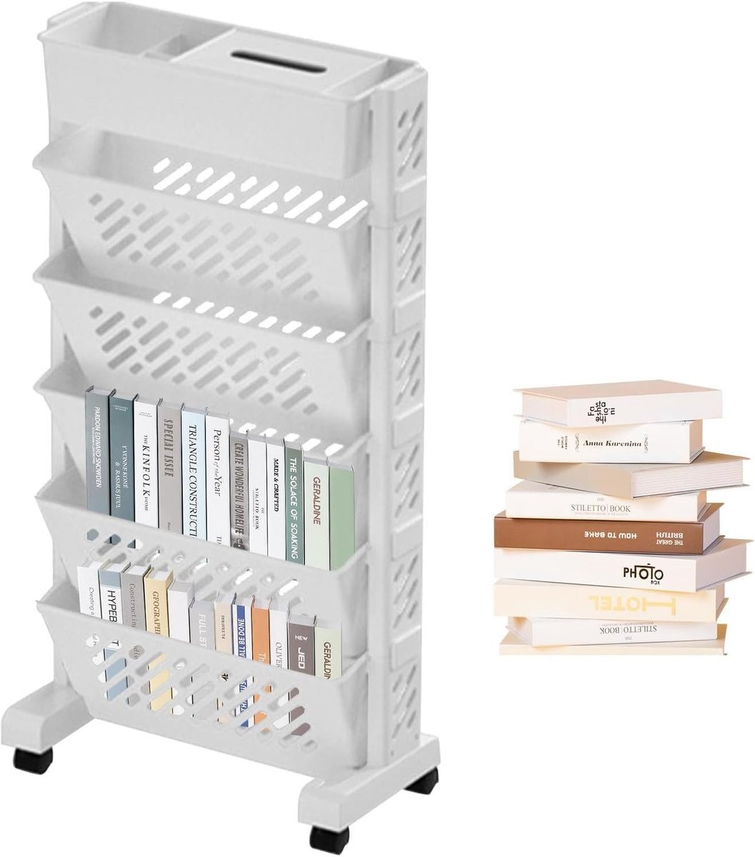 Mobiele Boekenplank Wit - 5+1 Laags Boekenrek op Wielen - Draaibaar en Verwijderbaar Boekenrek
