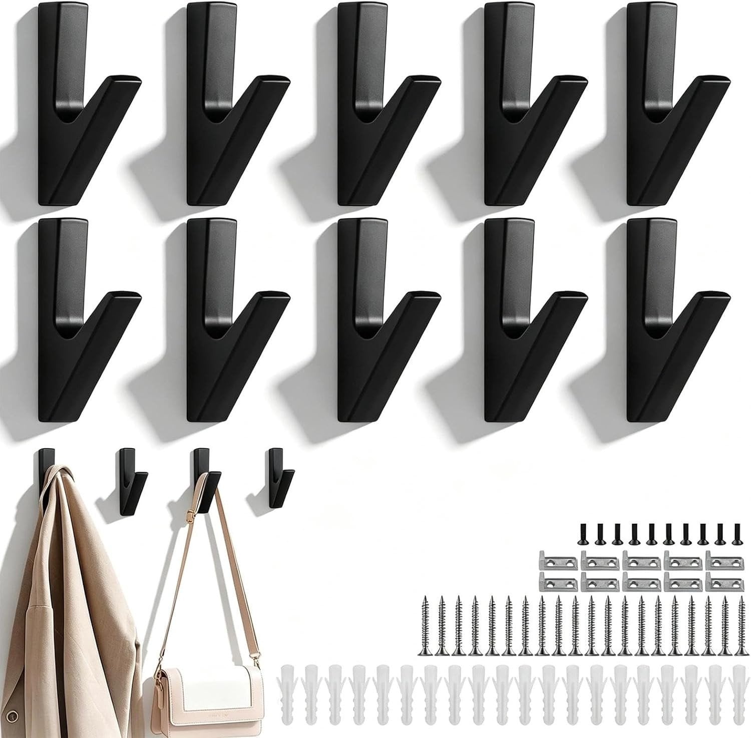 10 Zwarte Aluminium Wandhaken in V-vorm voor Handdoeken, Kleding en Accessoires