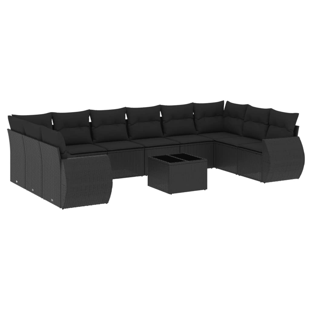 Modulares Gartensofa-Set, 11-teilig, mit Kissen, aus wetterfestem Poly Rattan, pulverbeschichtetem Stahl und Hartglas, UV-beständig, Schwarz