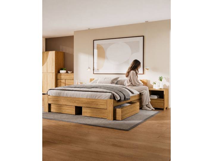 Naturwohnen Massivholzbett 180x200cm Set Eiche Arbor +2 Nachttische +4 Bettkästen Schubladen mit Softclose mit bioola® nature veredelt