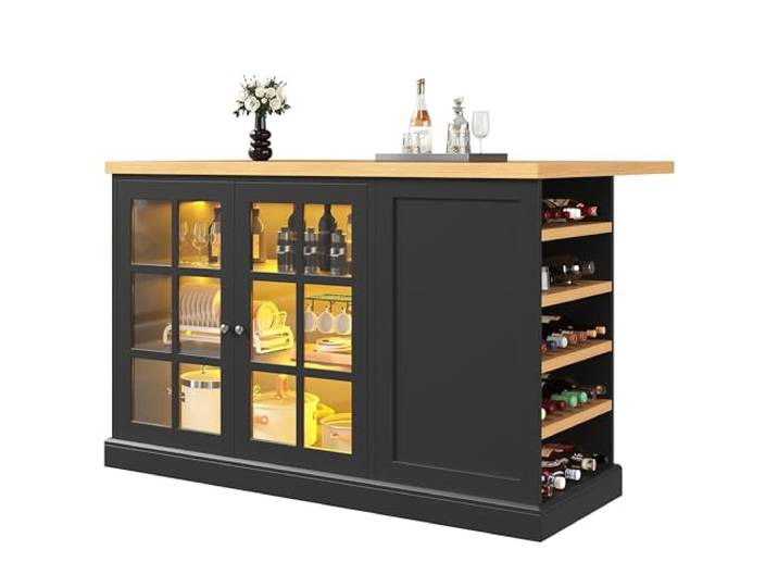 QQJIN Klappbare Kücheninsel mit Weinregal & RGB LED – Tischplatte 40–70 cm, schräge Weinablagen, App-Steuerung, Schwarz Küchenschrank mit Arbeitsplatte für kleine Apartments, 120 * 40-70 * 90CM,F