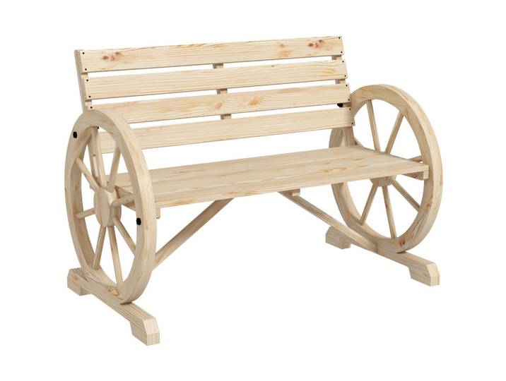Modfu Gartenbank aus massivem Tannenholz Natur mit Wagenrad-Armlehnen im rustikalen Landhausstil, Naturfarben, 105.5x79x56 cm, Gartenmöbel, Gartenbänke