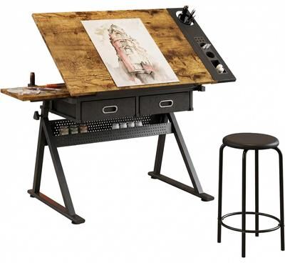Garvee Adjustable Artist Drafting Table with Stool Drawers Tiger Skin Wood