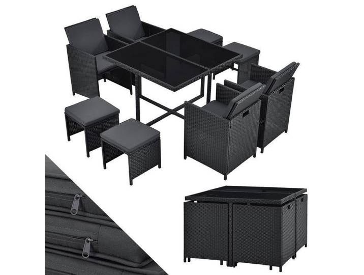 Salon de jardin Baracoa L en polyrattan – 9 pièces noir