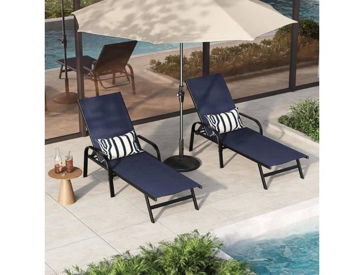 Lot de 2 chaises longues de jardin d'extérieur fauteuil transat de jardin bain de soleil réglables dossier 5 positions bleu foncé