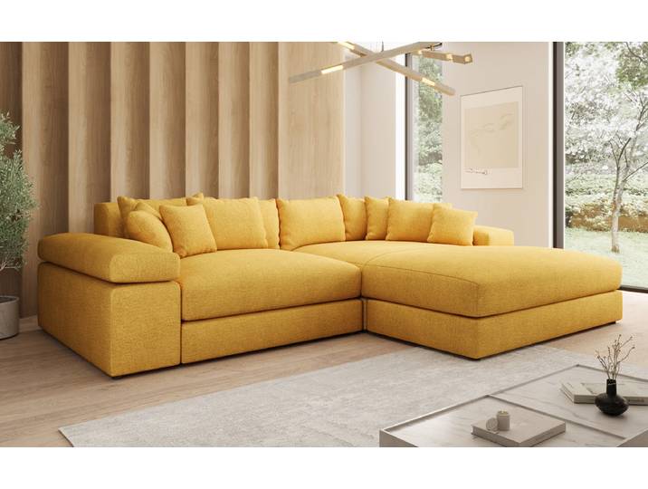 Designer Ecksofa Bernardo mit breiter Ottomane in Strukturstoff - Safran - Strukturstoff - Rechts - Luxusbetten24