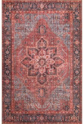 Domani Grove Machine Washable Distressed Oriental Red Medallion Area Rug