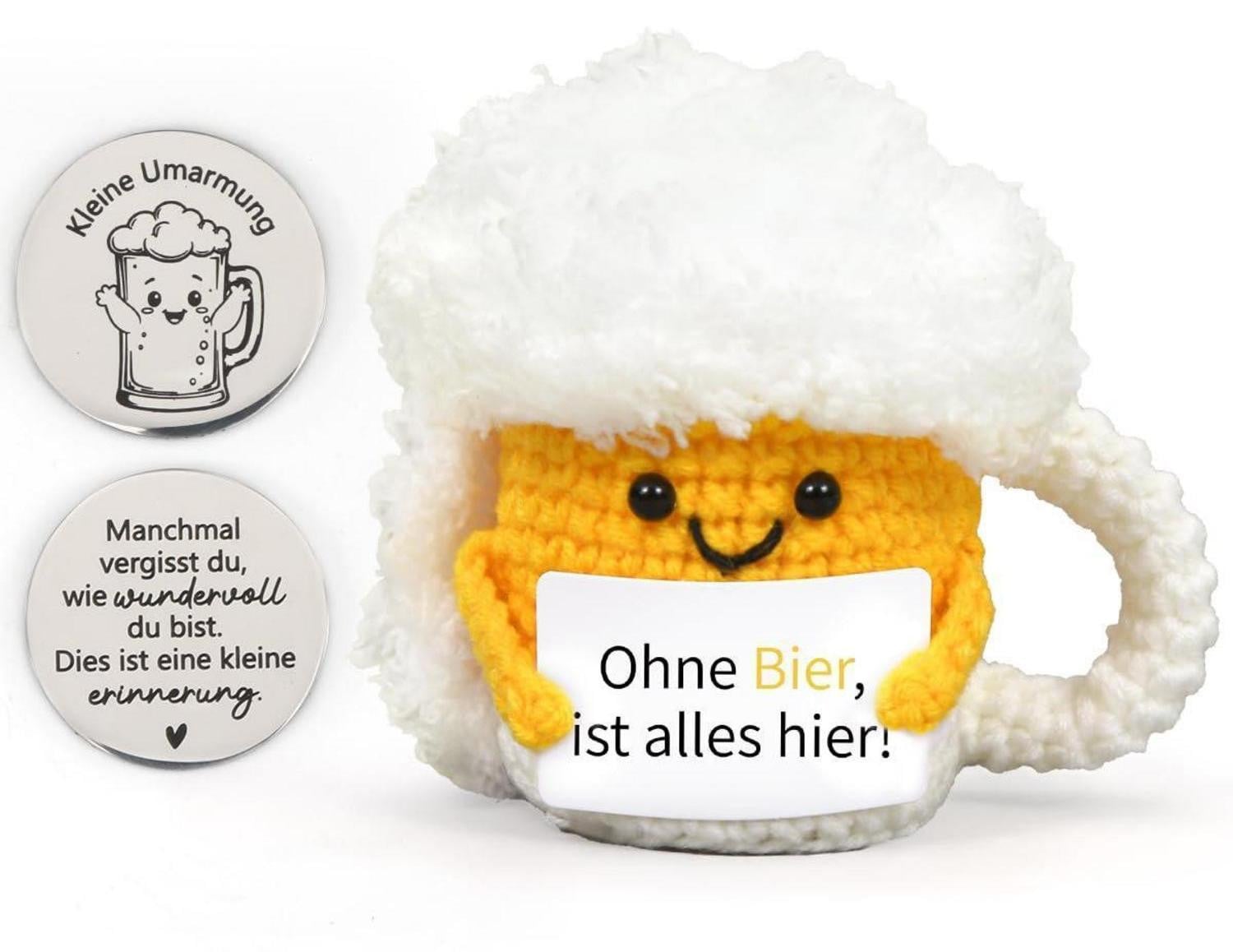 HUKUMA Gehaakte biertje-knuffel anti-stress geel met sleutelhanger