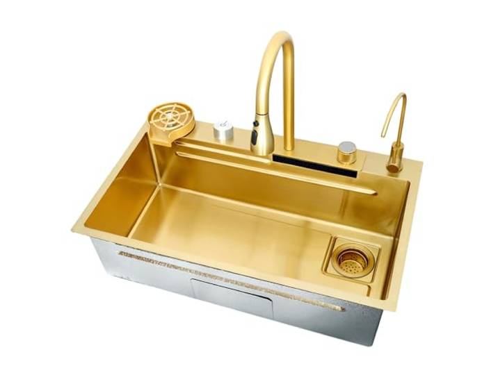 AIVANOTO Goldene Küchenbar-Spüle, Küchenspüle Aus Edelstahl Mit Wasserfall-Effekt, Integriertes Spülbecken, Mit Ausziehbarem Wasserhahn, Tassenspüler, Ablaufgarnituren(68x45x22cm)