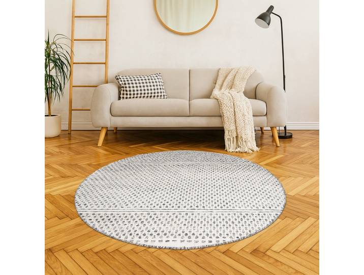 Wollteppich Wooly Nature , grau (natur,schwarz), H:10mm Ø:200cm, Baumwolle, Wolle, MYFLAIR MÖBEL & ACCESSOIRES, Teppiche, Wollteppich, Handwebteppich, reine Wolle, Scandi Design, handgewebt, Wohnzimmer