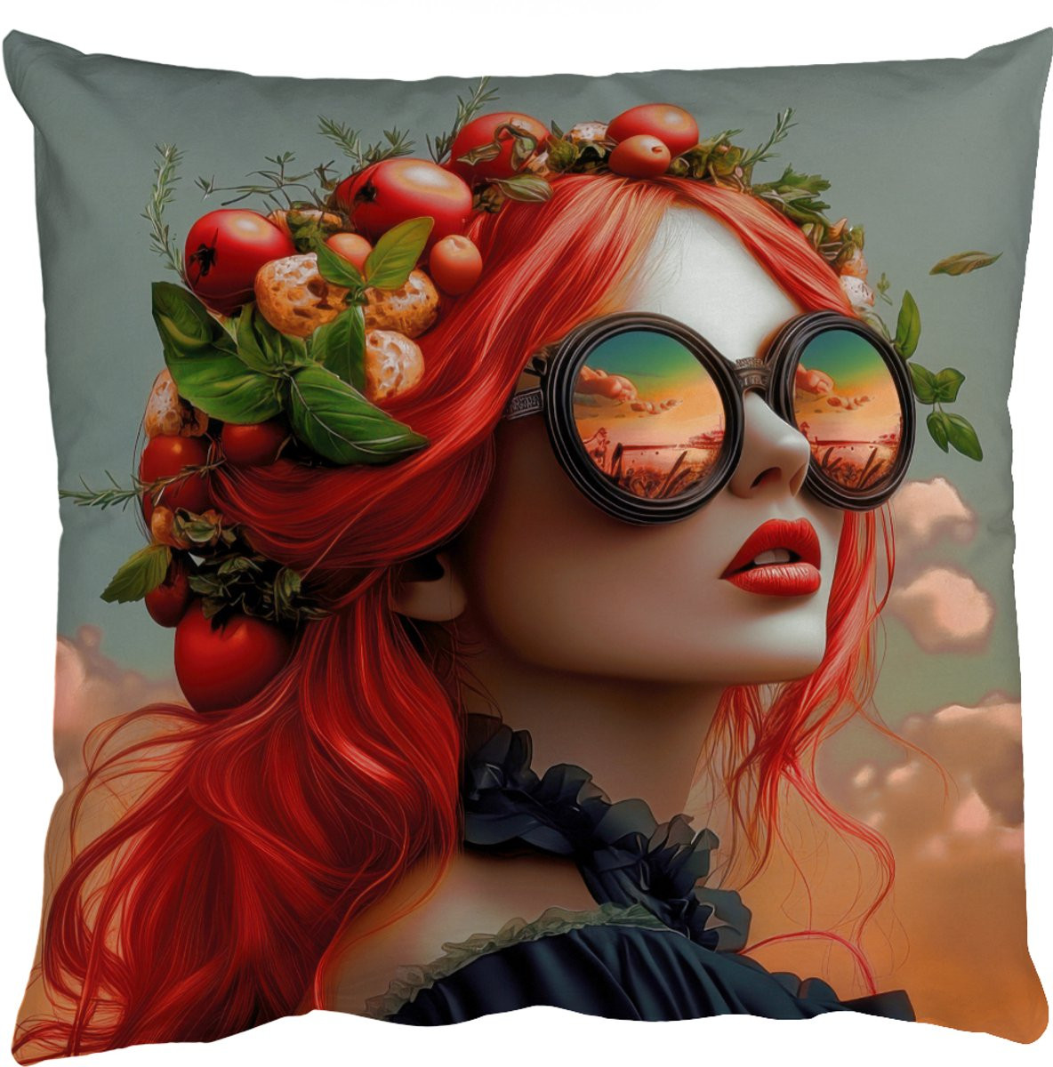 PillowMonkey Sierkussen Vrouw met Kroon, Tomaat en Basilicum - 45 x 45 cm