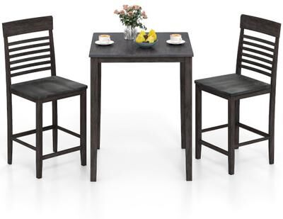 Costway 3-Piece Counter-Height Dining Table Set for 2 with Rubber Wood Frame and Footrest-Gray