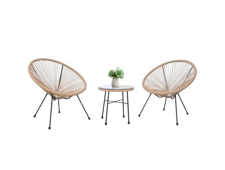 Eorthex Acapulco-Sessel-Set m. Tisch, für kleine Balkone/Terrassen 2 Hellbraun Rattan-Eiersessel + Glastisch,Platzsparend, wetterfest & stabil,für Stadtwohnungen mit kleinem Balkon.
