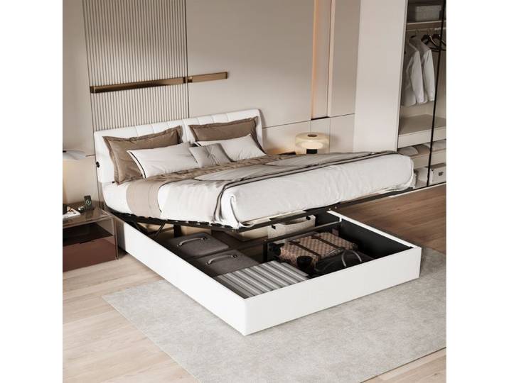 Lit coffre 140x200 lit double lit adulte rembourré port USB velours teddy blanc