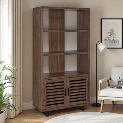 ZWYO HOSIMU 70.75in MDF+Particle Board 3-Shelf Cabinet Bookcase with Slatted Doors, Display Rack with Open Upper Shelves