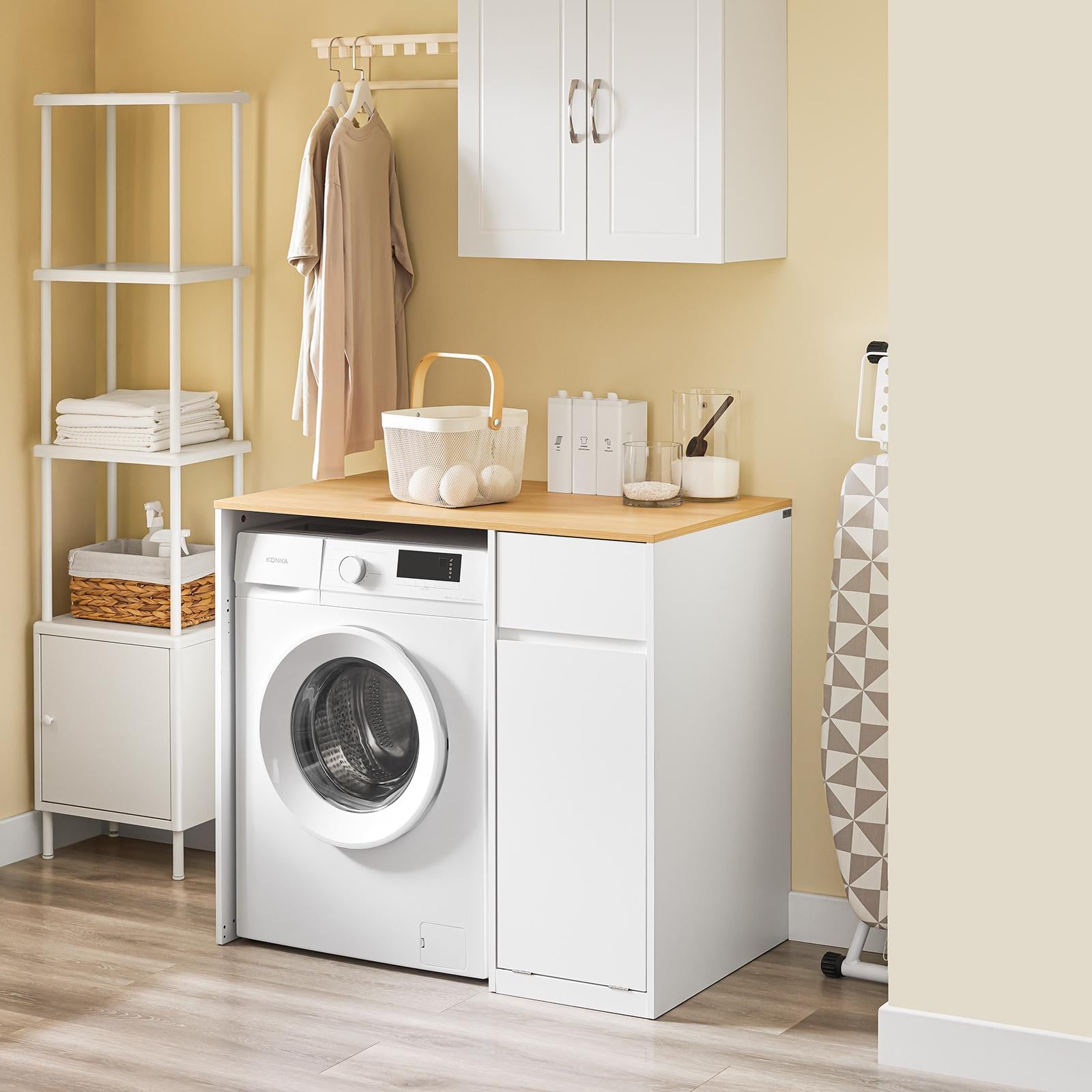 SoBuy Badkamerkast met wasmand en deuren, wit, modern opbergmeubel BZR217-WN