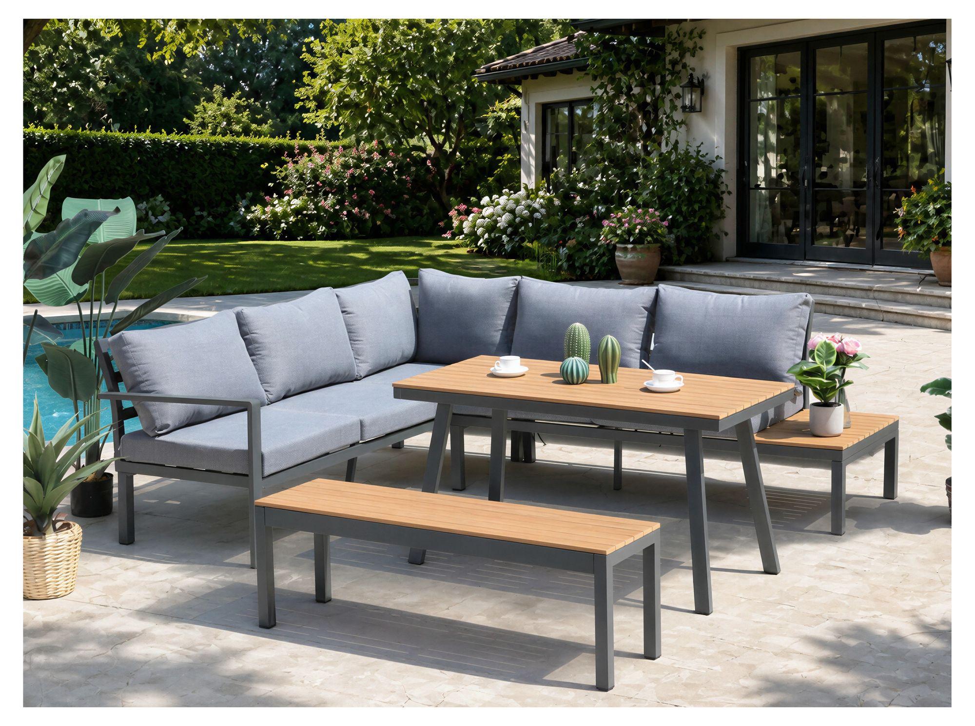ALEOS. Gartenlounge Lounge Set aus Aluminium und echt Teakholz inklusive Bank Loungeecke Loungegarnitur Sitzgruppe Sofagarnitur Esstischlounge Brasilia grau anthrazit mit bequemen Kissen