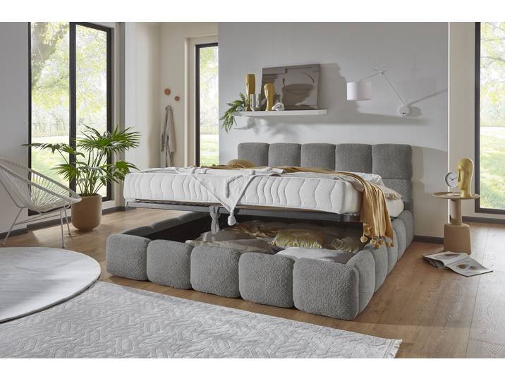 Polsterbett Jane mit grossen Stauraum , grau, B:202cm L:220cm, 100% PES, ATLANTIC HOME COLLECTION, Betten, Polsterbett, luxurious gepolstertes Kopfteil und Rahmen, Bezug mit Bouclécharakter