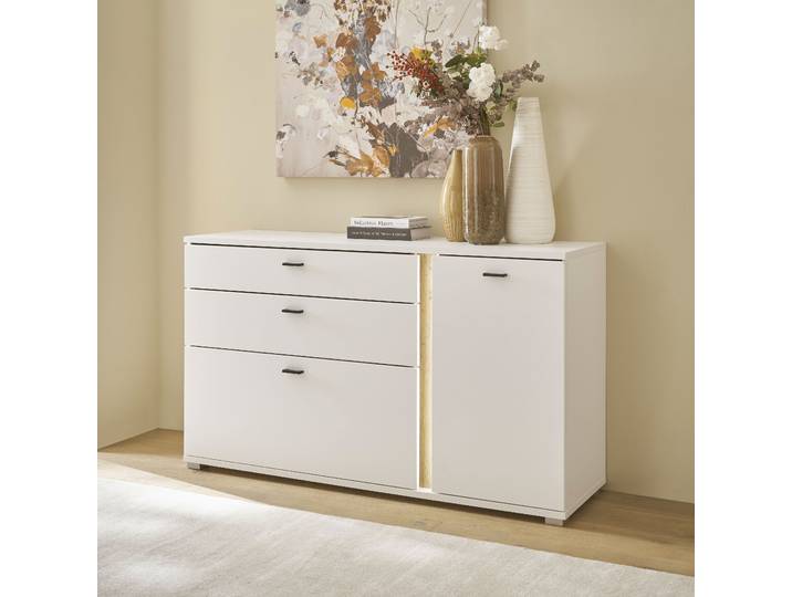 Sideboard HOME AFFAIRE LONG ISLAND , weiß (weiß, eiche), B:150cm H:86cm T:42cm, Holzwerkstoff, Sideboards, Sideboard, in moderner Trendfarbe,inklusive senkrechter Beleuchtung,Breite 150 cm