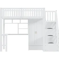 STILVORA Hochbett aus Holz Weiß 90x200 cm mit Kleiderschrank, Tisch, Regal und Treppe