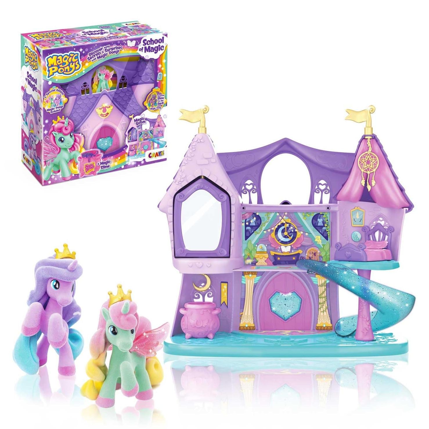 Craze Magic PONYS School of Magic speelset – groot speelkasteel voor meisjes met 2 exclusieve pony's en glow-in-the-dark effect