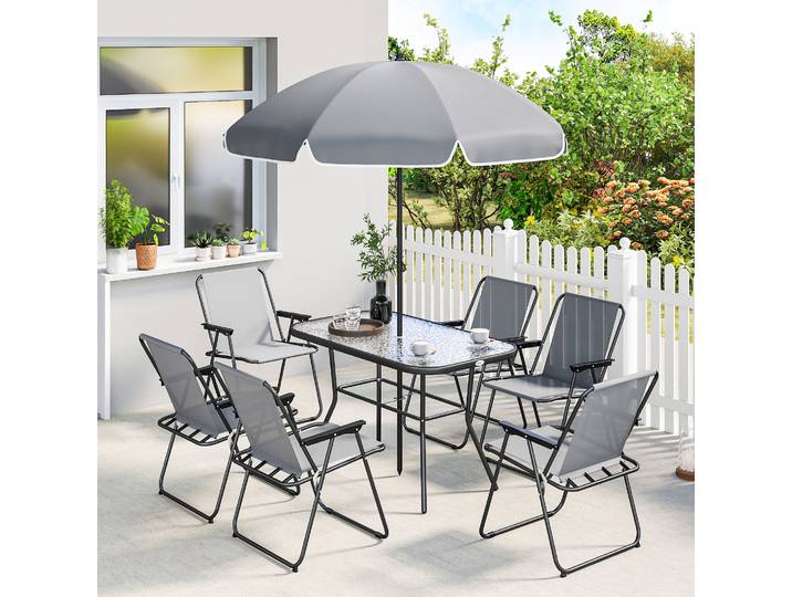 Outsunny Salon Jardin 8pcs Table Verre 6 Chaises Pliantes Parasol