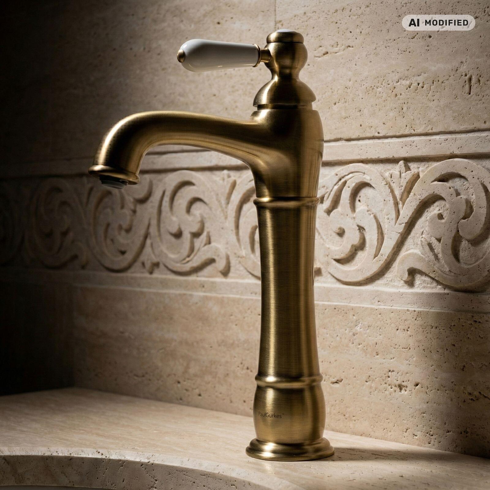 PaulGurkes Nostalgie Armatur Bronze Messing Lang für Aufsatzwaschbecken