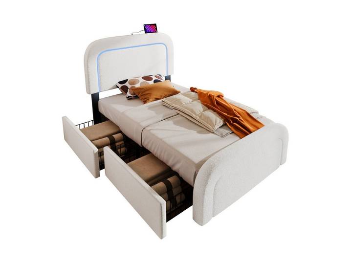 Flieks Polsterbett, LED Holzbett mit Ladefunktion und Schubladen 90x200cm Lammwolle-Bezug