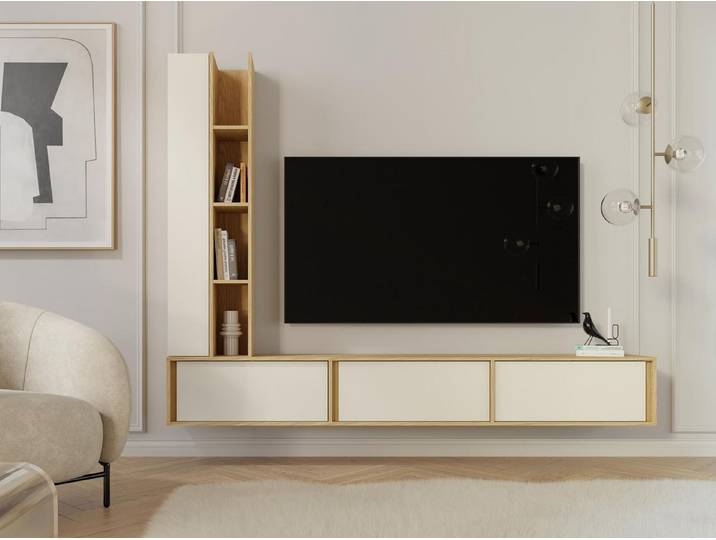 Compleo Wohnwand MARVI TV-Wohnwand mit Lowboard und Hochschrank, (Japandi Stil), Lowboard und Regal Hängend oder stehend