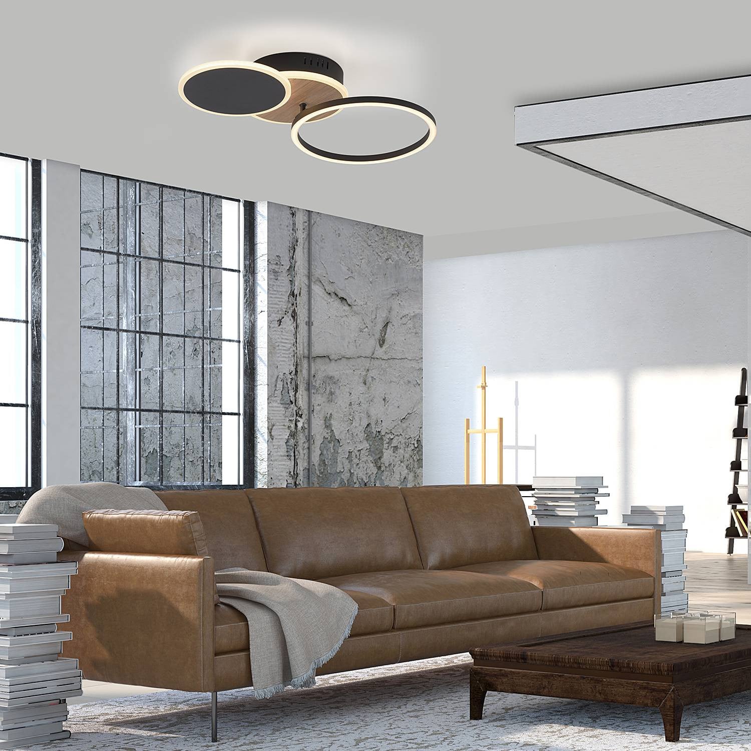 LeuchtenDirekt LED-plafondlamp Sevent 25,5W bruin/hout, ronde moderne plafondlamp met warm wit licht