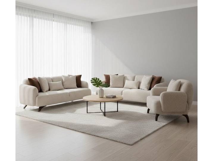 JVmoebel Polstergarnitur Moderner Wohnzimmertisch Beige Holzgestell Komfortabel Entspannt, (3-tlg), Made in Europa