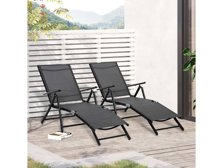 Outsunny Lot de 2 Chaises Longues Pliantes Aluminium Noir