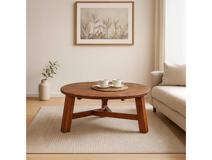 Table basse ronde en bois recyclé ancien - Reborn