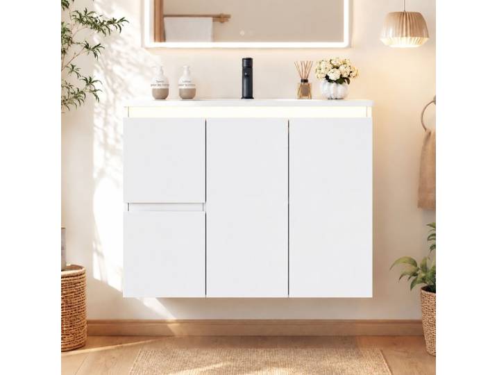 Norevia meuble vasque suspendu blanc 76 cm avec éclairage LED et vasque intégrée