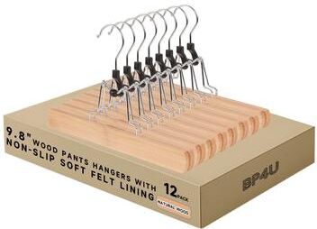 BP4U Wooden Pants Clamp Hangers with Felt Lining, Solid Wood Skirts Hangers for Trousers, Jeans, Shorts, Delicate Fabrics