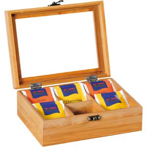 Kesper Teebox 58902, für Teebeutel, braun, aus Bambus, mit Sichtfenster und Klappdeckel, 21,7 x 16 x 9 cm, 6 Fächer