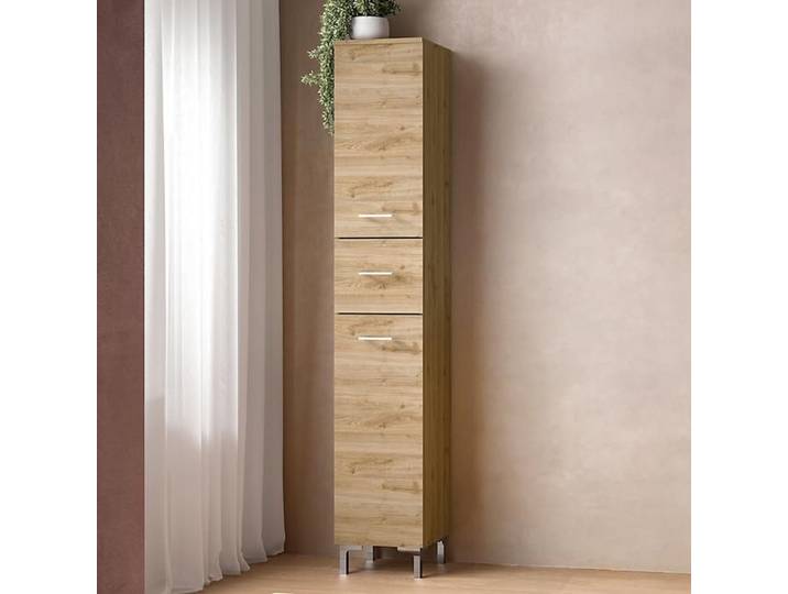 Meuble Colonne Simple Posé au Sol GAIA 2 Portes Droites 1 Tiroir H195 cm Chêne