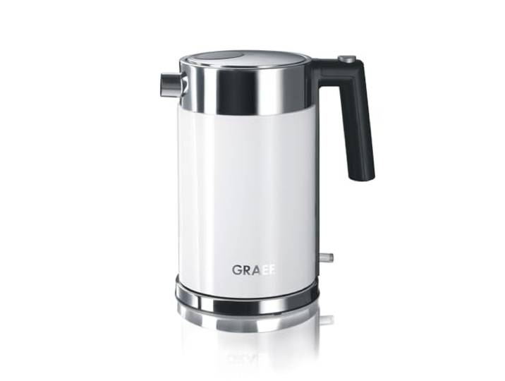 GRAEF WK61 Edelstahl Wasserkocher, 1,5 Liter, Doppelwandig, 2015 Watt, Weiß 360° Basis, Präzises Ausgießen, Lift-Off-Abschaltung, Edelstahl-Kalkfilter, Trockengeh- und Überhitzungsschutz