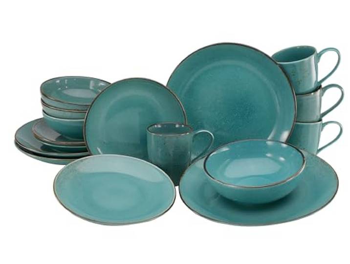 CreaTable\, 22413\, Série Nature Collection Water\, service de vaisselle 16 pièces\, ensemble de table en grès\, compatible lave-vaisselle et micro-ondes\, production de qualité.