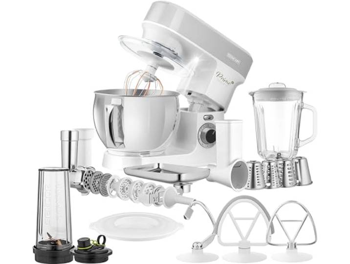 Sencor Multifunktions-Küchenmaschine Überausgestattet, Leistungsstarker 1200W, Komplettes Zubehör, Große 5L Edelstahlschüssel, LED-Beleuchtung, Blender, Fleischwolf, Keksmaschine und Magnetdeckel