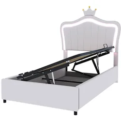 OKWISH Modernes Polsterbett 90x200 mit LED-Beleuchtung, hydraulischem Stauraum, Muschel-Kopfteil mit Krone, Kunstleder, stabile Holz-Metall-Konstruktion Weiß