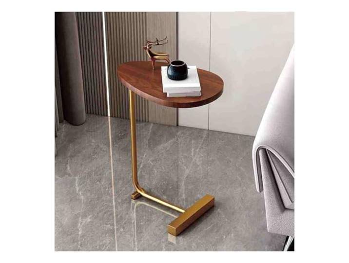 JIiopCFegh Eleganter ovaler Beistelltisch aus Holz und Metall, Nachttisch(Flat Type,Walnut Gold Legs)