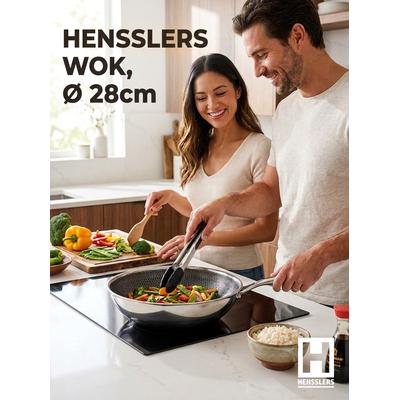 Wok HENSSLERS "Premium, Pfanne 28 cm, inklusive Grillzange", silber (silberfarben), B:29,5cm H:12,5cm L:51cm Ø:28cm, Pfannen, Wok