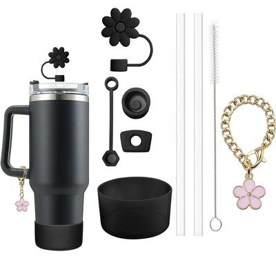 Stanley Cup Accessories Set Spill Proof Stoppers, Straws, Brushes & Flower Charm For Customization black